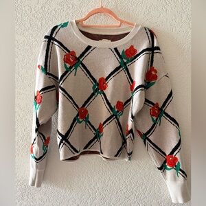 MAEVE BY ANTHROPOLOGIE Trellis Rose Crewneck Cropped Women’s Sweater Size Small
